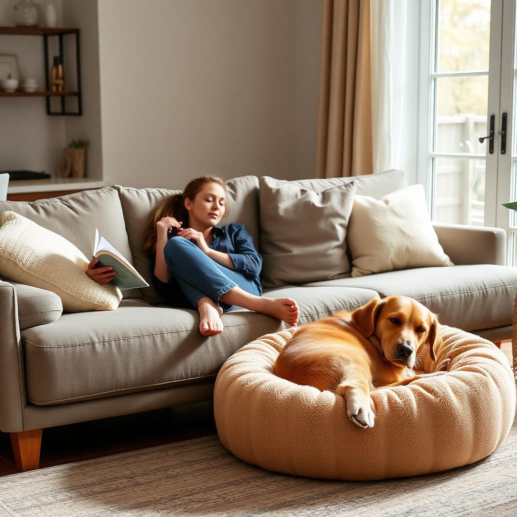 Dog owner relaxing on the couch while the dog uses the bed